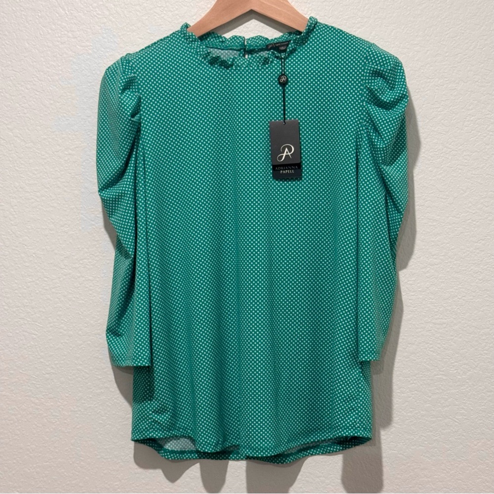 Adrianna Papell Emerald Green Polka Dot Ruffle Neck Blouse Size L